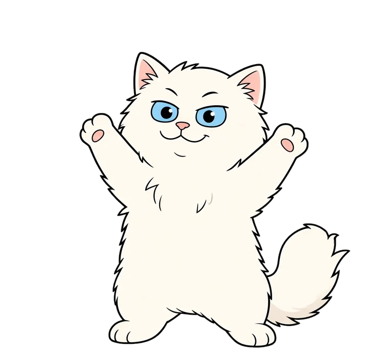Cartoon white fluffy kitten with paws raised, shooting lightning